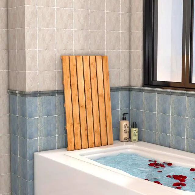 Alt view image 5 of 7 - Bamboo Wooden Bath Floor Mat for Luxury Shower - Non-Slip Bathroom Waterproof Carpet for Indoor or Outdoor Use (31.3 x 18.1 x 1.5 Inches)
