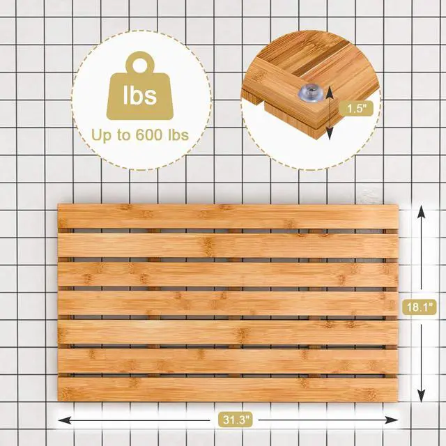 Alt view image 6 of 7 - Bamboo Wooden Bath Floor Mat for Luxury Shower - Non-Slip Bathroom Waterproof Carpet for Indoor or Outdoor Use (31.3 x 18.1 x 1.5 Inches)