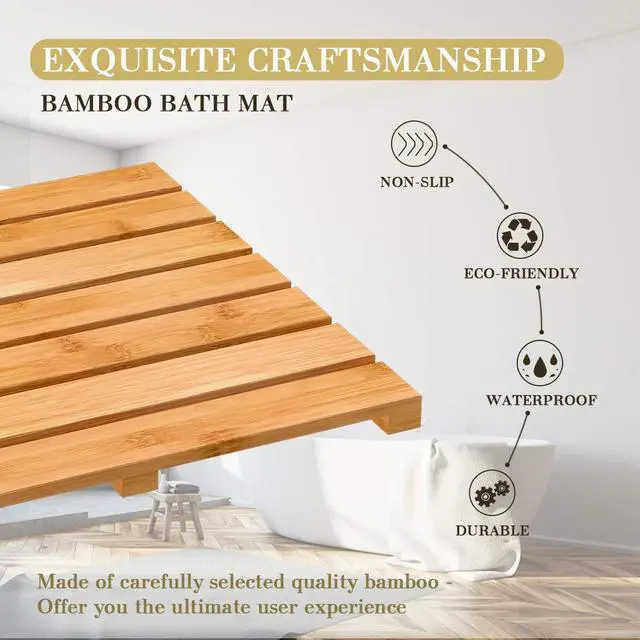 Alt view image 7 of 7 - Bamboo Wooden Bath Floor Mat for Luxury Shower - Non-Slip Bathroom Waterproof Carpet for Indoor or Outdoor Use (31.3 x 18.1 x 1.5 Inches)