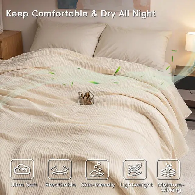 Alt view image 2 of 7 - David's Home Soft Cooling Muslin Blanket Queen Size, 60% Rayon Derived from Bamboo 40% Cotton, Breathable Lightweight Cool Blanket for Hot Sleepers, 4-Layer Cozy Gauze for Bed, 90"x90", Natural/Birch