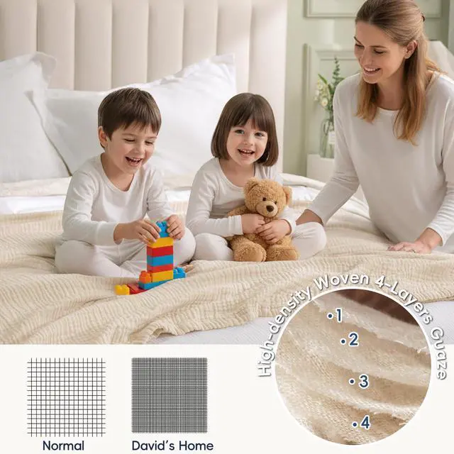 Alt view image 3 of 7 - David's Home Soft Cooling Muslin Blanket Queen Size, 60% Rayon Derived from Bamboo 40% Cotton, Breathable Lightweight Cool Blanket for Hot Sleepers, 4-Layer Cozy Gauze for Bed, 90"x90", Natural/Birch