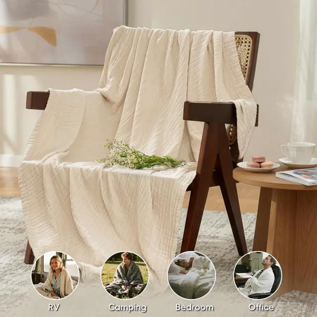 Alt view image 4 of 7 - David's Home Soft Cooling Muslin Blanket Queen Size, 60% Rayon Derived from Bamboo 40% Cotton, Breathable Lightweight Cool Blanket for Hot Sleepers, 4-Layer Cozy Gauze for Bed, 90"x90", Natural/Birch