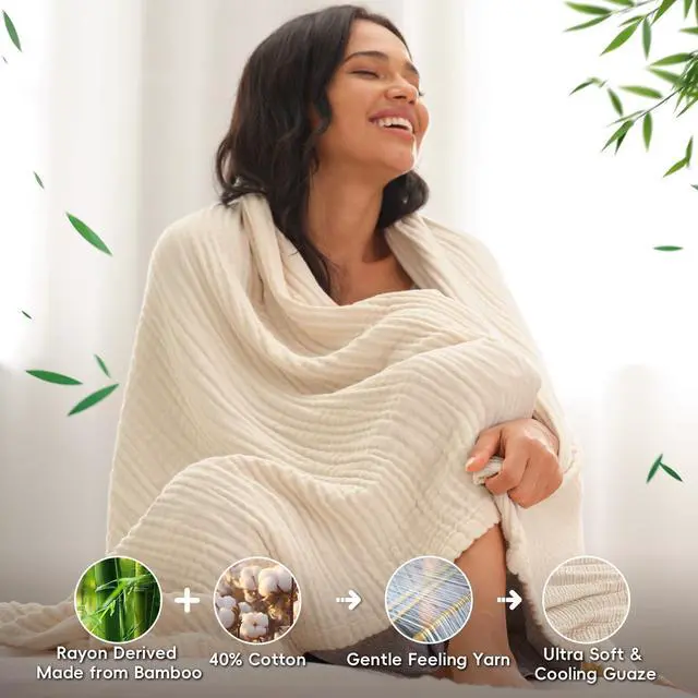 Alt view image 5 of 7 - David's Home Soft Cooling Muslin Blanket Queen Size, 60% Rayon Derived from Bamboo 40% Cotton, Breathable Lightweight Cool Blanket for Hot Sleepers, 4-Layer Cozy Gauze for Bed, 90"x90", Natural/Birch