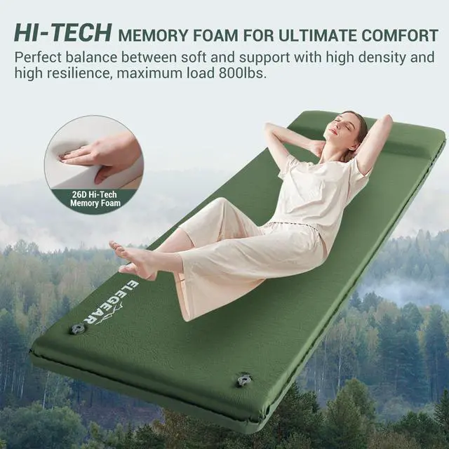 Alt view image 2 of 7 - Elegear CumbreX Self Inflating Sleeping Pad, 3.15" Ultra-Thick Memory Foam Camping Pad with Pillow Fast Inflating in 20s Insulated Camping Mattress Pad 4-Season Camp Sleeping Mat for Camp/Travel/Tent
