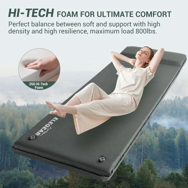 Alt view image 3 of 7 - Elegear Self Inflating Sleeping Pad, 3.15" Ultra-Thick Memory Foam Camping Pad with Pillow Fast Inflating in 20s Insulated Camping Mattress Pad 4-Season Camp Sleeping Mat for Camp/Travel/Car/Tent