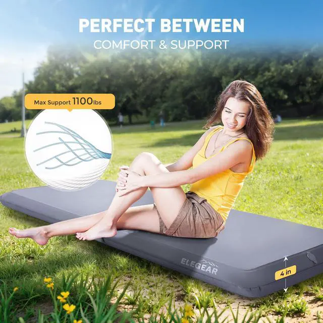 Alt view image 3 of 6 - Elegear Camping Sleeping Pad with Multi-Function Electric Pump, 4 Ultra-Thick & 1100lb Ultra-Support Camping Air Mattress, Durable Sleeping Pad for Camping/Hiking/Tent/Home/Car Travel