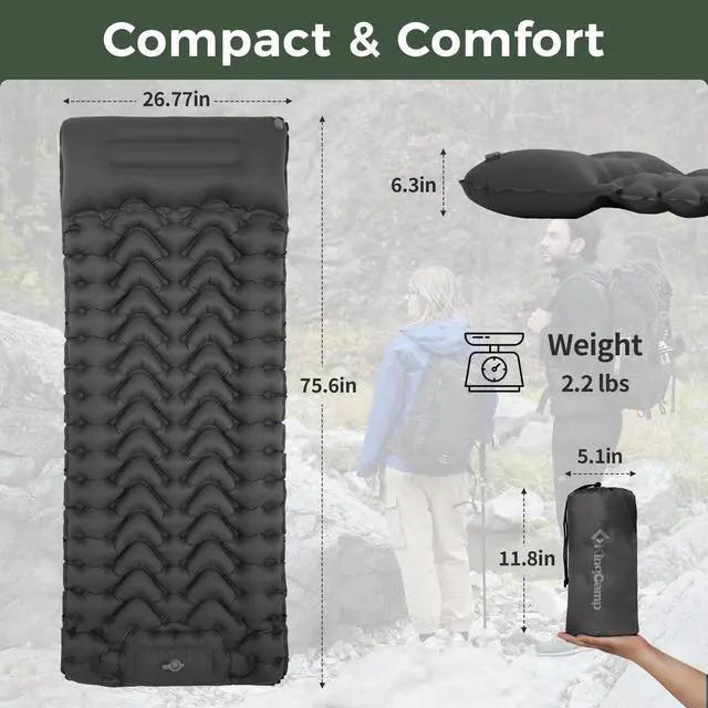 Alt view image 7 of 7 - KingCamp Sleeping Pad for Camping, Backpacking Ultralight Camping Mat with Inflatable Pillow & Foot Pump, Lightweight Campact Camp Gear Single Mattress for Backpacker Outdoor Hiking Travel Trip (Grey)