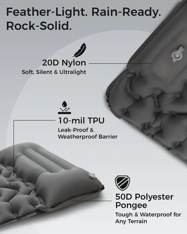 Alt view image 3 of 7 - KingCamp Sleeping Pad for Camping, Backpacking Ultralight Camping Mat with Inflatable Pillow & Foot Pump, Lightweight Campact Camp Gear Single Mattress for Backpacker Outdoor Hiking Travel Trip (Grey)