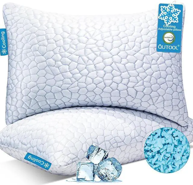 Main image of QUTOOL Cooling Pillow for Sleeping, CertiPUR-US Shredded Memory Foam King Pillows Set of 2, Cool Pillow for Hot Sleepers Adjustable Firm Pillow for Side, Back, Stomach Sleepers Soft Yet Support, White