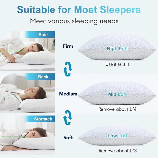 Alt view image 5 of 7 - QUTOOL Cooling Pillow for Sleeping, CertiPUR-US Shredded Memory Foam King Pillows Set of 2, Cool Pillow for Hot Sleepers Adjustable Firm Pillow for Side, Back, Stomach Sleepers Soft Yet Support, White