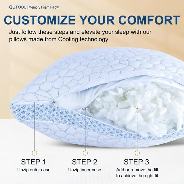 Alt view image 4 of 7 - QUTOOL Enhanced Cooling Pillows for Sleeping, CertiPUR-US Shredded Memory Foam Pillows King Size Set of 2 for Hot Sleeper, Adjustable Bed Pillow for Side, Back, Stomach Sleepers Support Yet Soft, Blue