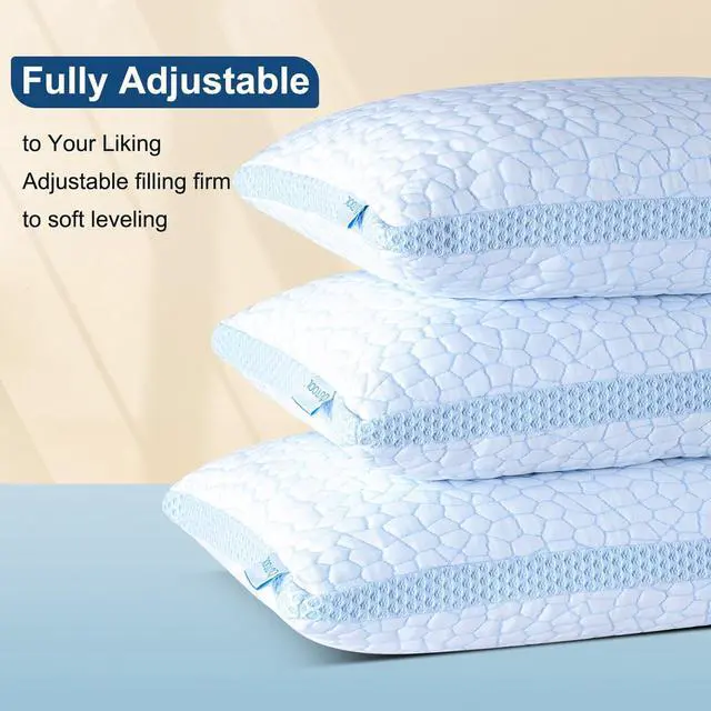 Alt view image 6 of 7 - QUTOOL Enhanced Cooling Pillows for Sleeping, CertiPUR-US Shredded Memory Foam Pillows King Size Set of 2 for Hot Sleeper, Adjustable Bed Pillow for Side, Back, Stomach Sleepers Support Yet Soft, Blue
