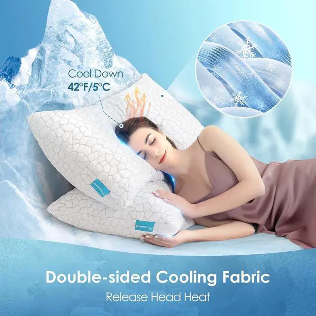 Alt view image 2 of 7 - Cooling Pillows Queen Size Set of 2 Shredded Memory Foam Pillows for Side Back Stomach Sleepers, Two-Sided Cool Adjustable Firm or Soft Bed Pillow Luxury Gel Neck Pillow for Neck Shoulder Pain Relie