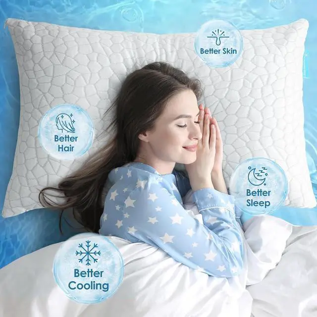 Alt view image 5 of 7 - Cooling Pillows Queen Size Set of 2 Shredded Memory Foam Pillows for Side Back Stomach Sleepers, Two-Sided Cool Adjustable Firm or Soft Bed Pillow Luxury Gel Neck Pillow for Neck Shoulder Pain Relie