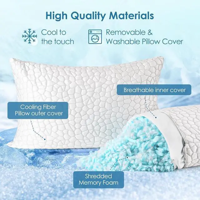 Alt view image 6 of 7 - Cooling Pillows Queen Size Set of 2 Shredded Memory Foam Pillows for Side Back Stomach Sleepers, Two-Sided Cool Adjustable Firm or Soft Bed Pillow Luxury Gel Neck Pillow for Neck Shoulder Pain Relie