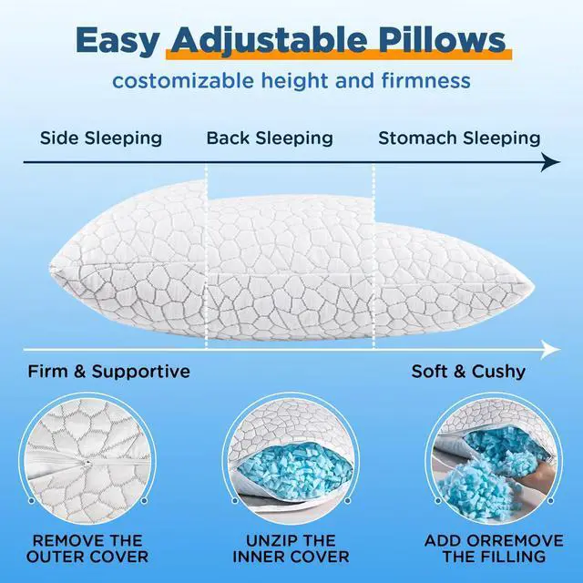 Alt view image 3 of 7 - SUPA MODERN Cooling Bed Pillows for Sleeping 2 Pack Shredded Memory Foam Pillows Adjustable Pillow for Side Back Stomach Sleepers Luxury Gel Pillows Queen Size Set of 2 with Washable Removable Cover