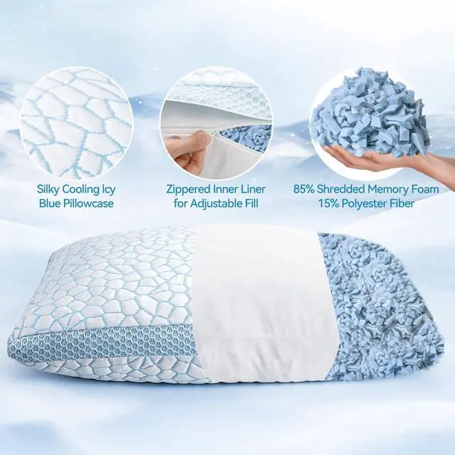 Alt view image 4 of 7 - QUTOOL Double Sided Cooling Pillow for Hot Sleepers, Shredded Memory Foam Pillows King Size Set of 2, Adjustable Soft & Firm Gel Bed Pillow for Side, Back, Stomach Sleepers