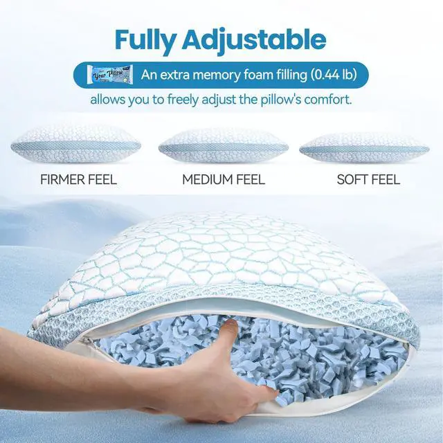 Alt view image 6 of 7 - QUTOOL Double Sided Cooling Pillow for Hot Sleepers, Shredded Memory Foam Pillows King Size Set of 2, Adjustable Soft & Firm Gel Bed Pillow for Side, Back, Stomach Sleepers