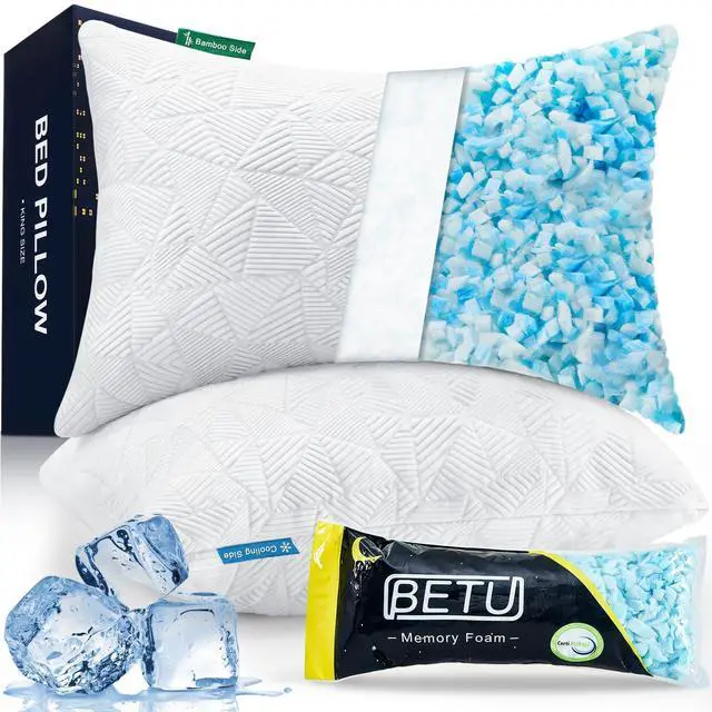 Main image of BETU Cooling King Size Pillows Set of 2, Shredded Memory Foam Cool Pillows for Hot Sleepers, Adjustable Firm Soft Support Bed Pillows Perfect for Back Neck Pain and Side Sleeping with Cover, White