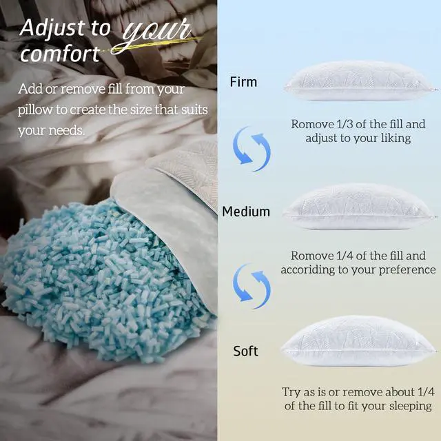 Alt view image 7 of 7 - BETU Cooling King Size Pillows Set of 2, Shredded Memory Foam Cool Pillows for Hot Sleepers, Adjustable Firm Soft Support Bed Pillows Perfect for Back Neck Pain and Side Sleeping with Cover, White