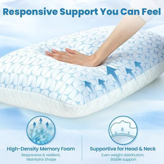 Alt view image 2 of 7 - QUTOOL Firm Pillow Shredded Memory Foam, Cooling Pillow for Hot Sleeper, Adjustable Bed Pillow for Side Back Stomach Sleepers, Washable Cover, CertiPUR-US Certified, King Size Set of 2