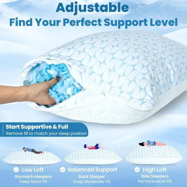 Alt view image 3 of 7 - QUTOOL Firm Pillow Shredded Memory Foam, Cooling Pillow for Hot Sleeper, Adjustable Bed Pillow for Side Back Stomach Sleepers, Washable Cover, CertiPUR-US Certified, King Size Set of 2