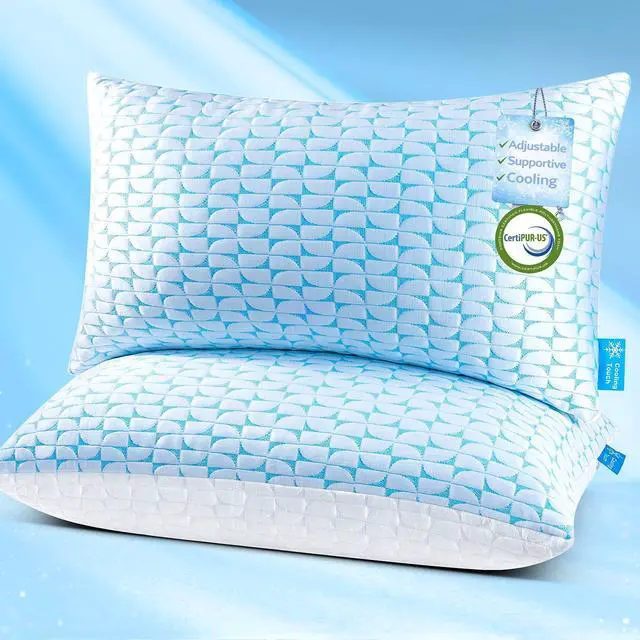 Main image of QUTOOL Firm Pillow Shredded Memory Foam, Cooling Pillow for Hot Sleeper, Adjustable Bed Pillow for Side Back Stomach Sleepers, Washable Cover, CertiPUR-US Certified, King Size Set of 2
