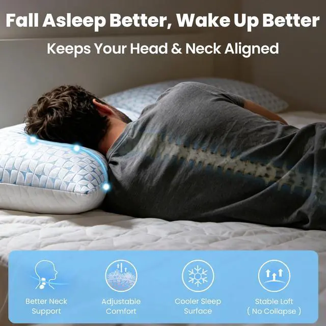 Alt view image 6 of 7 - QUTOOL Firm Pillow Shredded Memory Foam, Cooling Pillow for Hot Sleeper, Adjustable Bed Pillow for Side Back Stomach Sleepers, Washable Cover, CertiPUR-US Certified, King Size Set of 2