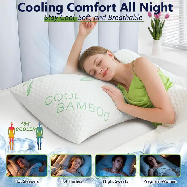 Alt view image 2 of 7 - DGPEAR Cooling Pillows, Shredded Memory Foam Pillows King Size Set of 2 Adjustable Firm Bamboo Bed Pillows for Hot, Side, Back and Stomach Sleepers