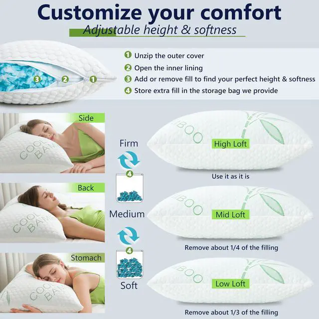 Alt view image 3 of 7 - DGPEAR Cooling Pillows, Shredded Memory Foam Pillows King Size Set of 2 Adjustable Firm Bamboo Bed Pillows for Hot, Side, Back and Stomach Sleepers