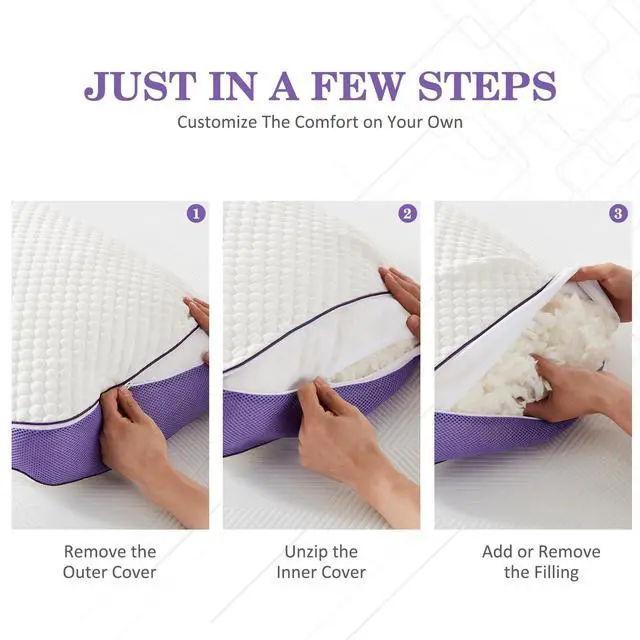 Alt view image 5 of 7 - HOMELAB Adjustable Shredded Memory Foam Pillows King Size, Cooling Bed Pillows for Sleeping with Removable Cover, 2 Packs Medium Pillows for Side Stomach & Back Sleepers, 20"x34"