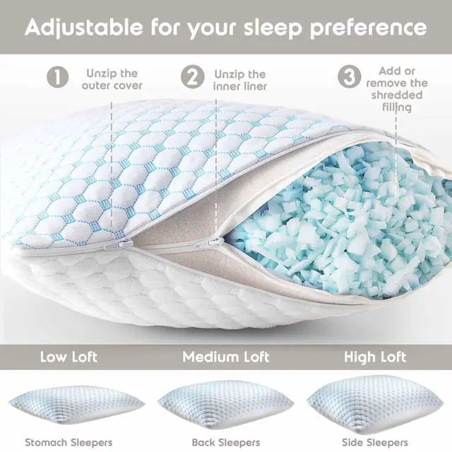 Alt view image 3 of 7 - Nestl King Size Cooling Pillow for Sleeping 2 Pack, Luxury Shredded Memory Foam King Pillow Set of 2, Adjustable Cold Gel Pillows for Hot Sleepers Supportive Cool Pillow for Side Back Stomach Sleepers