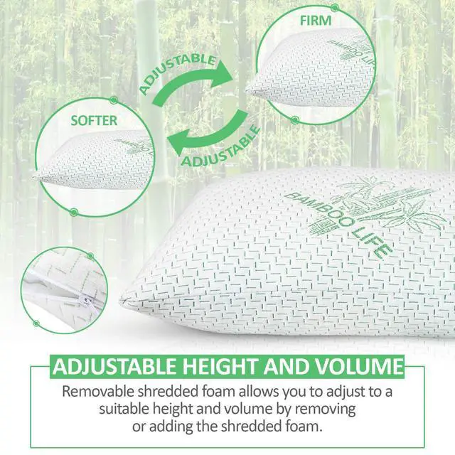 Alt view image 4 of 5 - Elif Queen Size Pillows for Sleeping, Set of 2 Cooling Shredded Memory Foam Pillow with Removable Cover for Back, Stomach & Side Sleepers, Rayon Derived from Bamboo, Queen (2 Pack)