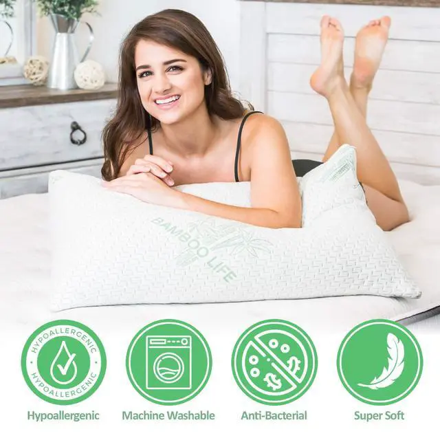 Alt view image 2 of 5 - Elif Queen Size Pillows for Sleeping, Set of 2 Cooling Shredded Memory Foam Pillow with Removable Cover for Back, Stomach & Side Sleepers, Rayon Derived from Bamboo, Queen (2 Pack)