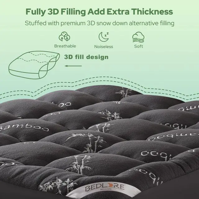 Alt view image 5 of 7 - BEDLORE Queen Mattress Topper Viscose Derived from Bamboo, Thick Pillow Top Mattress Pad with Stretchable Pockets for 6-18 inches Mattress, Soft Mattress Topper for Back Pain Relief(Dark Gray)