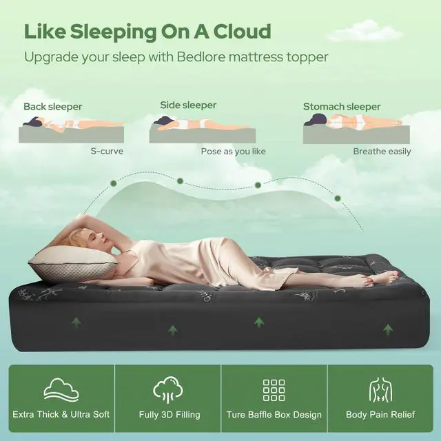 Alt view image 4 of 7 - BEDLORE Queen Mattress Topper Viscose Derived from Bamboo, Thick Pillow Top Mattress Pad with Stretchable Pockets for 6-18 inches Mattress, Soft Mattress Topper for Back Pain Relief(Dark Gray)