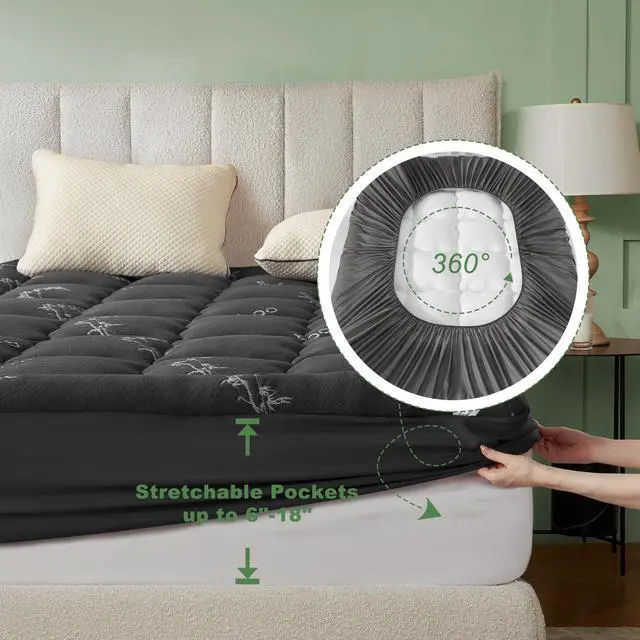 Alt view image 6 of 7 - BEDLORE Queen Mattress Topper Viscose Derived from Bamboo, Thick Pillow Top Mattress Pad with Stretchable Pockets for 6-18 inches Mattress, Soft Mattress Topper for Back Pain Relief(Dark Gray)