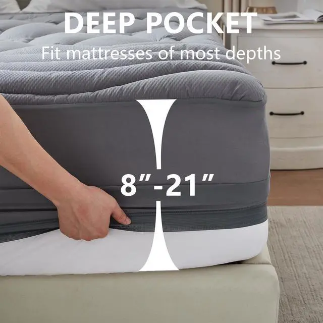Alt view image 6 of 6 - ELVEN HOME King Size Mattress Pad Waterproof, Cooling Mattress Topper Noiseless, Leak Proof Mattress Protector Deep Pocket Washable, Quilted Fitted Soft King Mattress Pad Cover (78x80 inch, Grey)