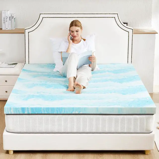 Alt view image 4 of 4 - Sweetcrispy Mattress Topper Queen, 4 Inch Thick Memory Foam Gel Infused Cooling Toppers Pad for Queen Size Bed, Sleeper Sofa, RV, Camper, CertiPUR US Certified, Ventilated and Breathable, Blue