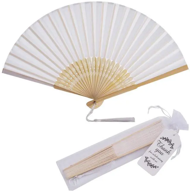 Main image of SL crafts 50 Sets Imitated Silk Hand Fan with Tassel and Organza Bags and Thank You Tags Fabric Handheld Folding Fans Bamboo Frame Bridal Dancing Props Wedding Party Favors (White)