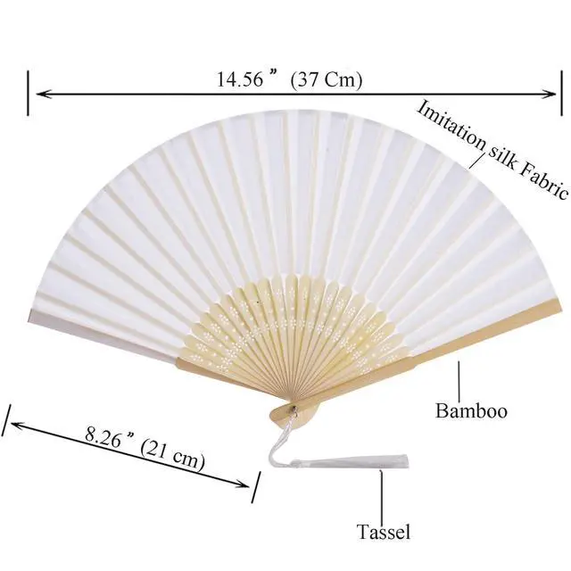 Alt view image 2 of 6 - SL crafts 50 Sets Imitated Silk Hand Fan with Tassel and Organza Bags and Thank You Tags Fabric Handheld Folding Fans Bamboo Frame Bridal Dancing Props Wedding Party Favors (White)