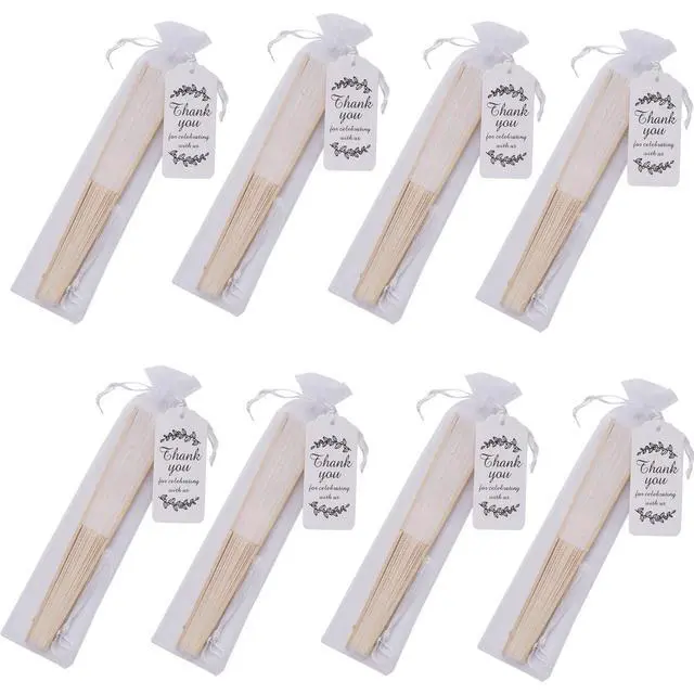 Alt view image 4 of 6 - SL crafts 50 Sets Imitated Silk Hand Fan with Tassel and Organza Bags and Thank You Tags Fabric Handheld Folding Fans Bamboo Frame Bridal Dancing Props Wedding Party Favors (White)