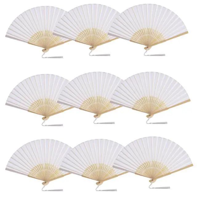 Alt view image 5 of 6 - SL crafts 50 Sets Imitated Silk Hand Fan with Tassel and Organza Bags and Thank You Tags Fabric Handheld Folding Fans Bamboo Frame Bridal Dancing Props Wedding Party Favors (White)