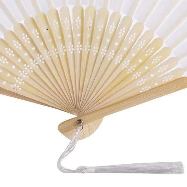 Alt view image 6 of 6 - SL crafts 50 Sets Imitated Silk Hand Fan with Tassel and Organza Bags and Thank You Tags Fabric Handheld Folding Fans Bamboo Frame Bridal Dancing Props Wedding Party Favors (White)