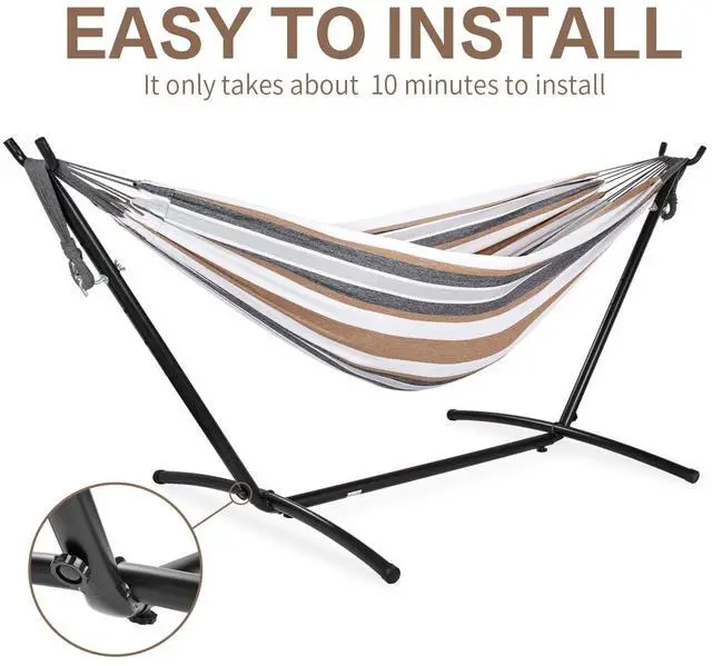 Alt view image 6 of 7 - PNAEUT Double Hammocks with Stand for Outside, Portable Space Saving Heavy-Duty Steel Frame for Indoor Outdoor Patio Yard, Easy Assembly, 2 Person 450 lbs Capacity (Coffee)