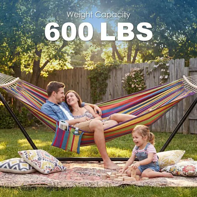 Alt view image 2 of 7 - Double Hammock with Stand for Outside, Upgraded Spreader Bar, Heavy Duty Space Saving Steel Stand 2 Person, Side Pockets, Easy Assembly, 600lbs Weight Capacity, Indoor & Outdoor (Classic Red)