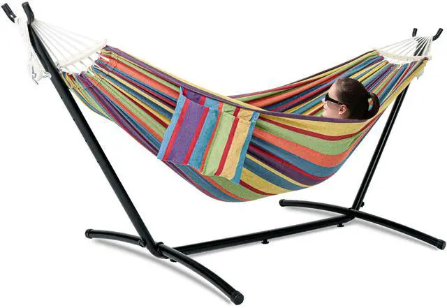 Main image of Double Hammock with Stand for Outside, Upgraded Spreader Bar, Heavy Duty Space Saving Steel Stand 2 Person, Side Pockets, Easy Assembly, 600lbs Weight Capacity, Indoor & Outdoor (Classic Red)