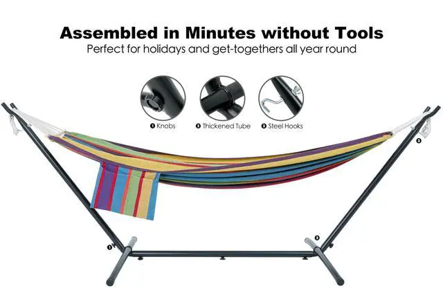 Alt view image 7 of 7 - Double Hammock with Stand for Outside, Upgraded Spreader Bar, Heavy Duty Space Saving Steel Stand 2 Person, Side Pockets, Easy Assembly, 600lbs Weight Capacity, Indoor & Outdoor (Classic Red)
