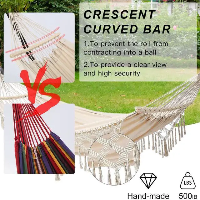 Alt view image 2 of 7 - SXSEAGLE Hammock Hanging Swing Double Max 500lbs Macrame for Indoor Outdoor Patio Yard Garden (Black Gray)