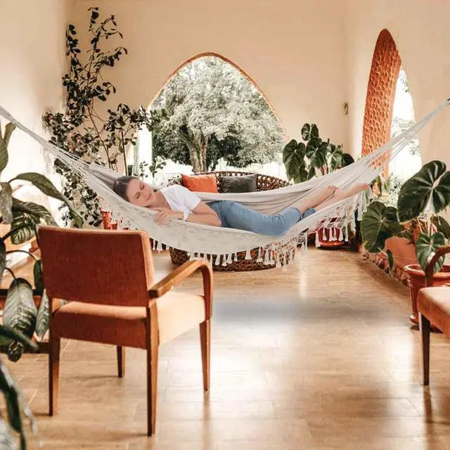 Alt view image 5 of 7 - SXSEAGLE Hammock Hanging Swing Double Max 500lbs Macrame for Indoor Outdoor Patio Yard Garden (Black Gray)